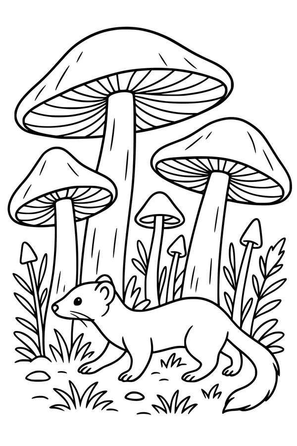 Free Weasel Coloring Page - Wandering Under Tall Forest Mushrooms (Printable PDF)