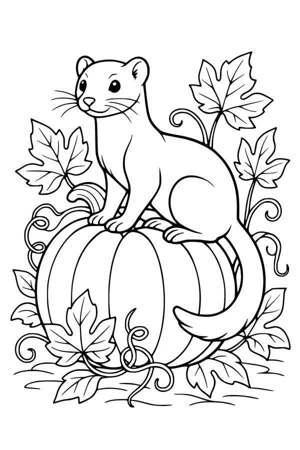 Free Weasel Coloring Page - Little Weasel on Giant Pumpkin (Printable PDF)