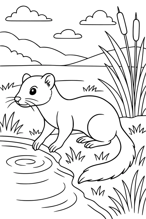 Free Weasel Coloring Page - Cute Weasel By the Pond (Printable PDF)