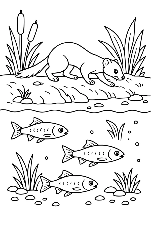Free Weasel Coloring Page - Curious Weasel by the Pond (Printable PDF)
