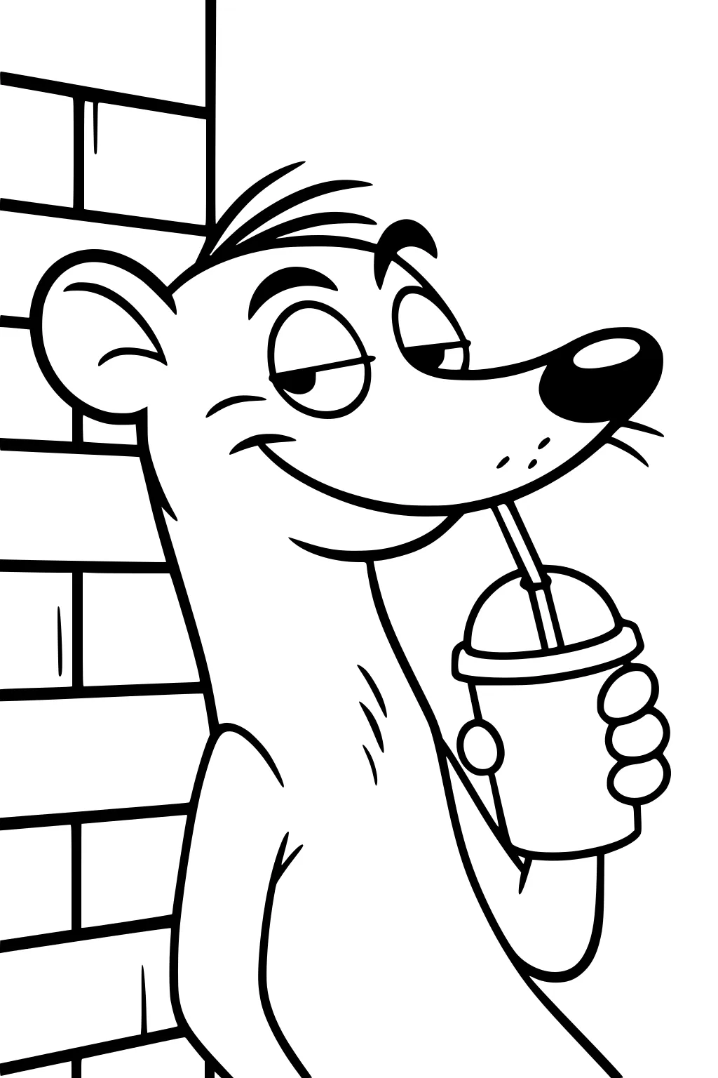 Cartoon weasel leaning on a brick wall, holding a drink cup with a straw, and smirking.
