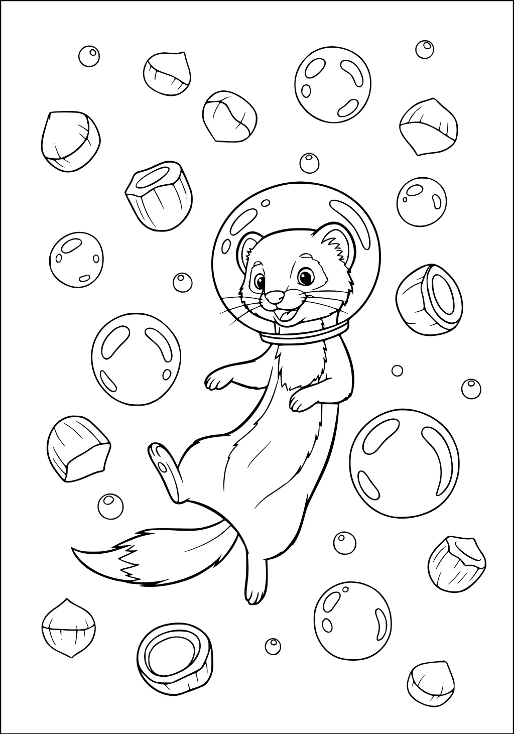 Cartoon weasel in a space helmet floating among scattered bubbles and nuts on a white background.