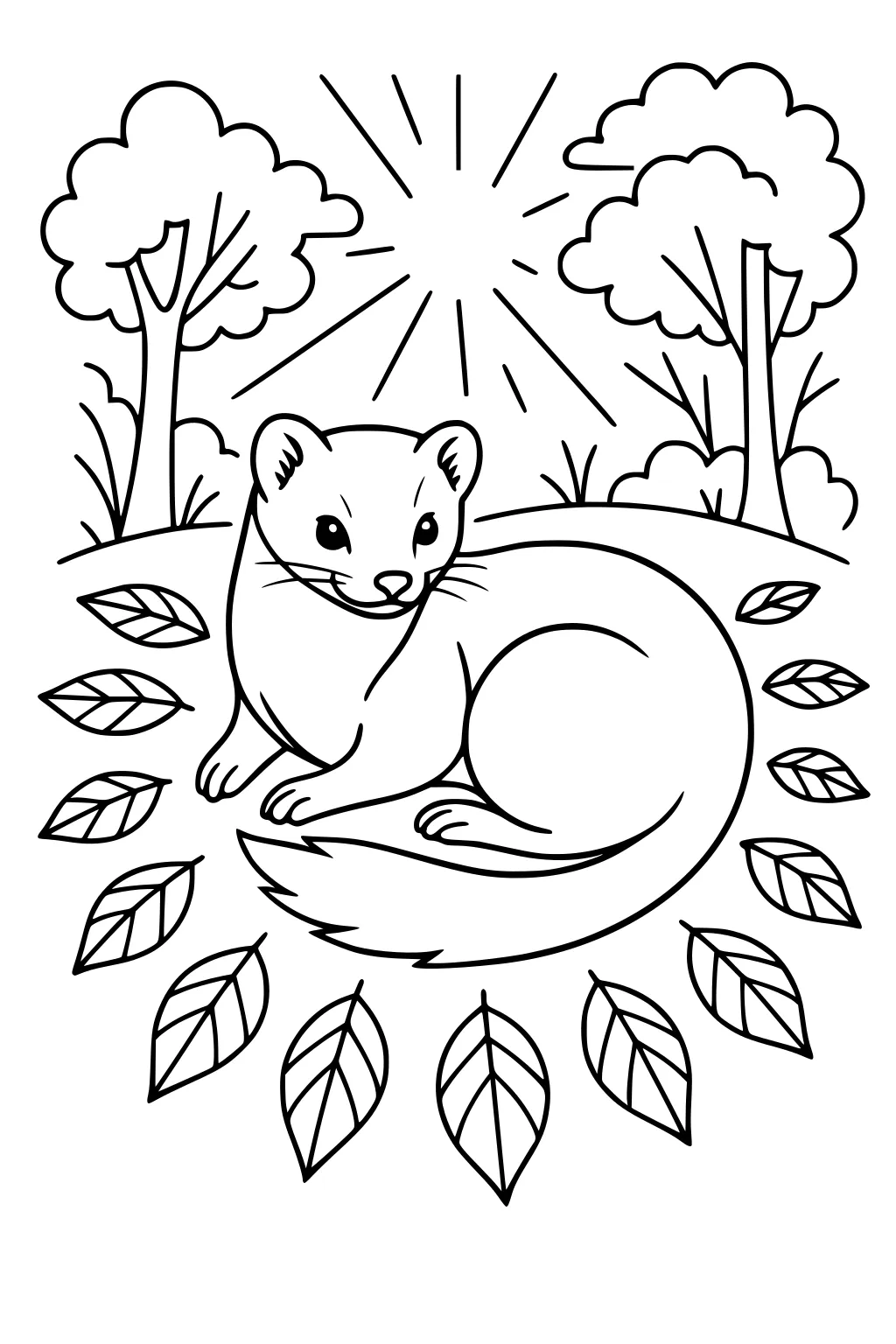 Weasel curled up on grass, surrounded by leaves, sunrays, and trees in the background.