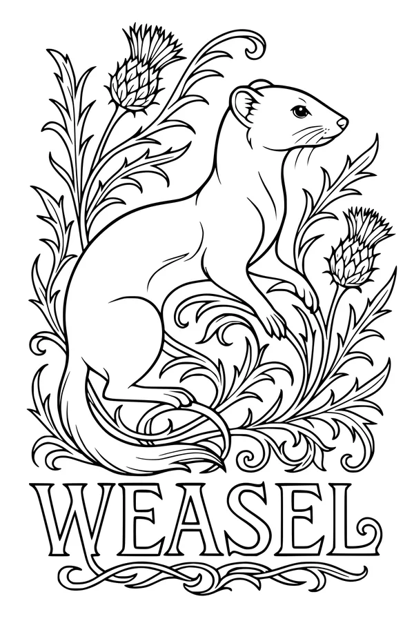 Free Weasel Coloring Page - Weasel in Thistle Flower Garden (Printable PDF)