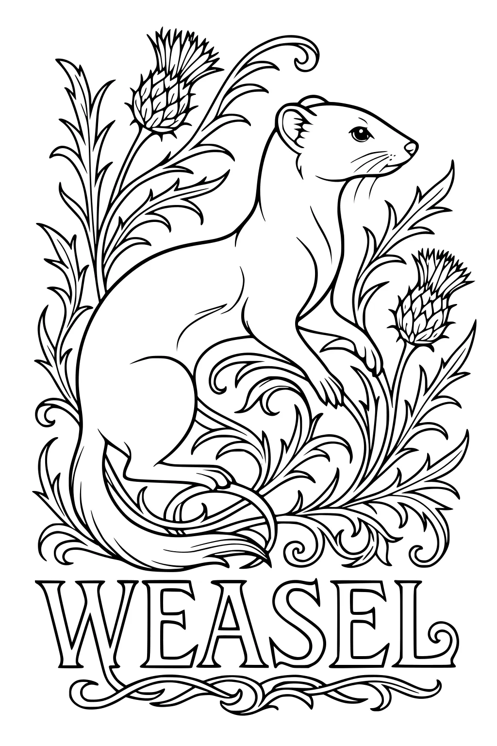 Weasel sitting among three large thistle flowers and swirling vines with WEASEL written at the bottom.