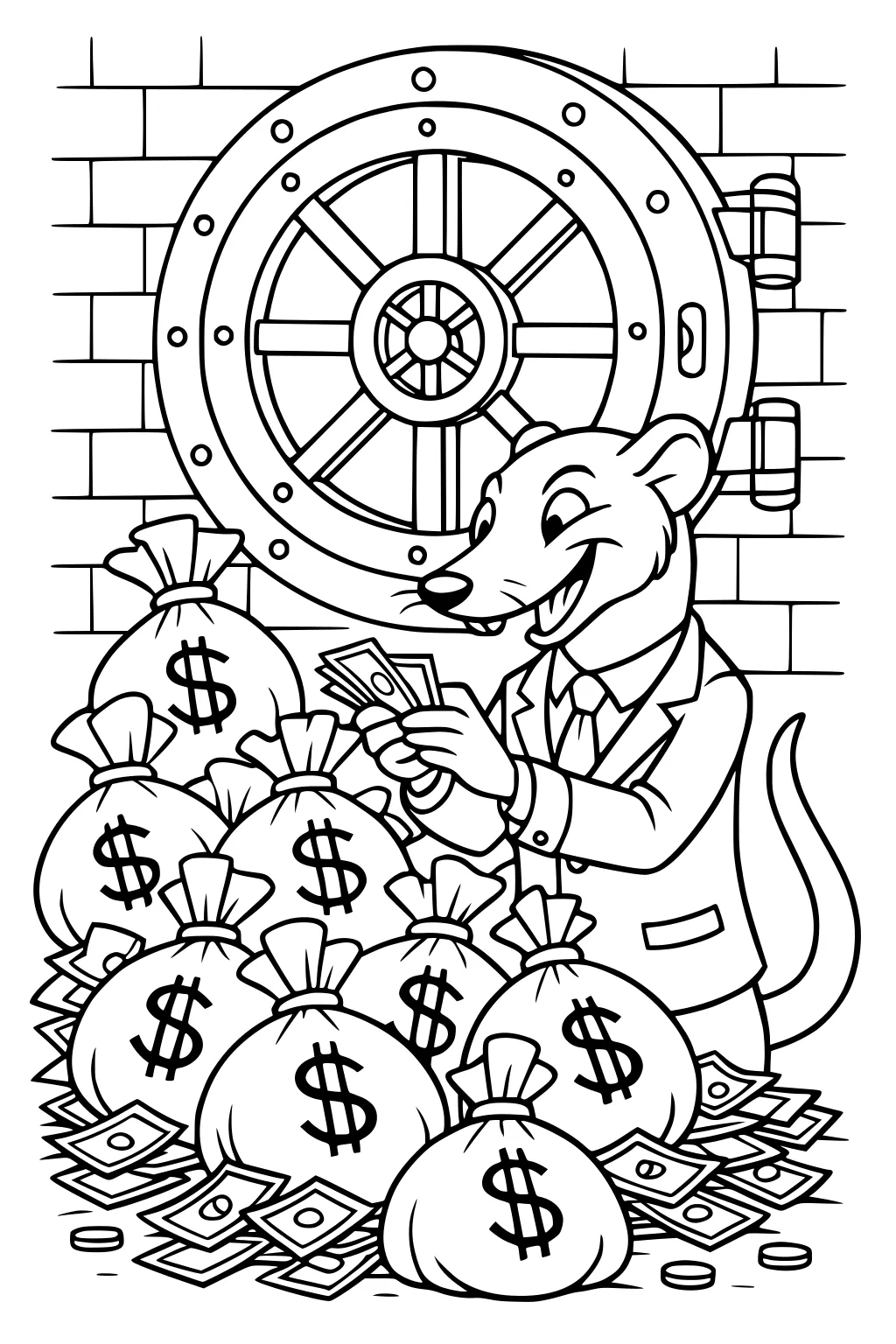 Weasel in suit with money bags and bills in front of vault door