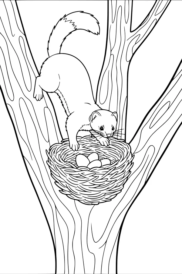 Free Weasel Coloring Page - Curious Weasel Exploring Bird Nest (Printable PDF)
