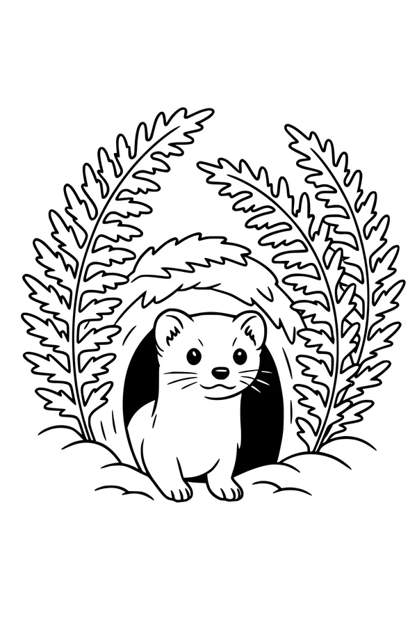 Free Weasel Coloring Page - Peekaboo Burrow Under Fern Leaves (Printable PDF)
