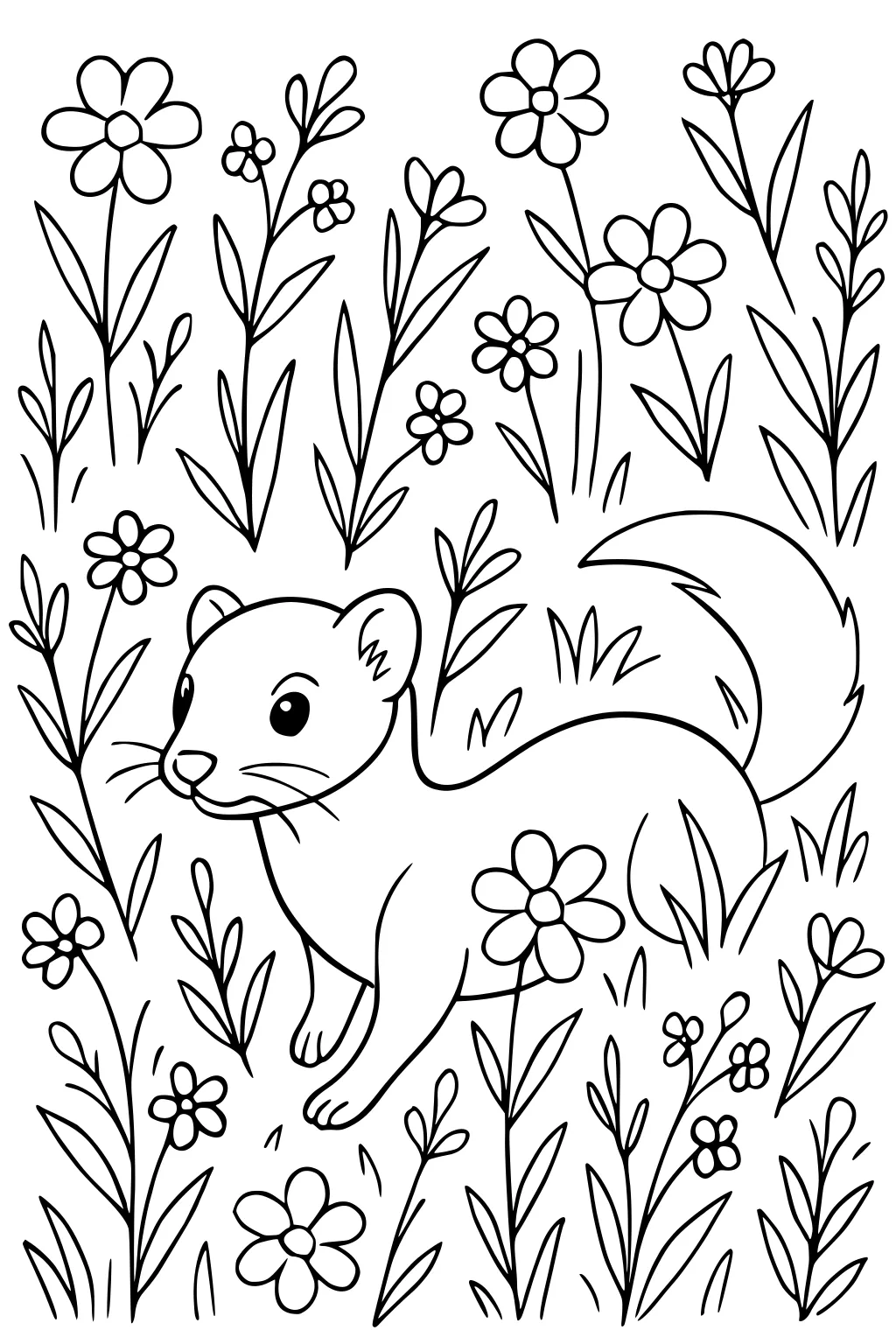 A weasel with a fluffy tail surrounded by tall wildflowers and leafy plants.