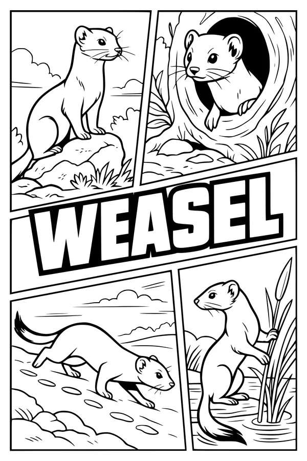 Free Weasel Coloring Page - Four Wild Weasels in Nature (Printable PDF)