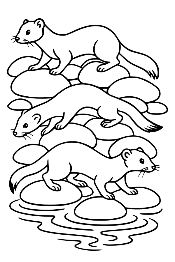 Free Weasel Coloring Page - Three Busy Weasels on River Rocks (Printable PDF)