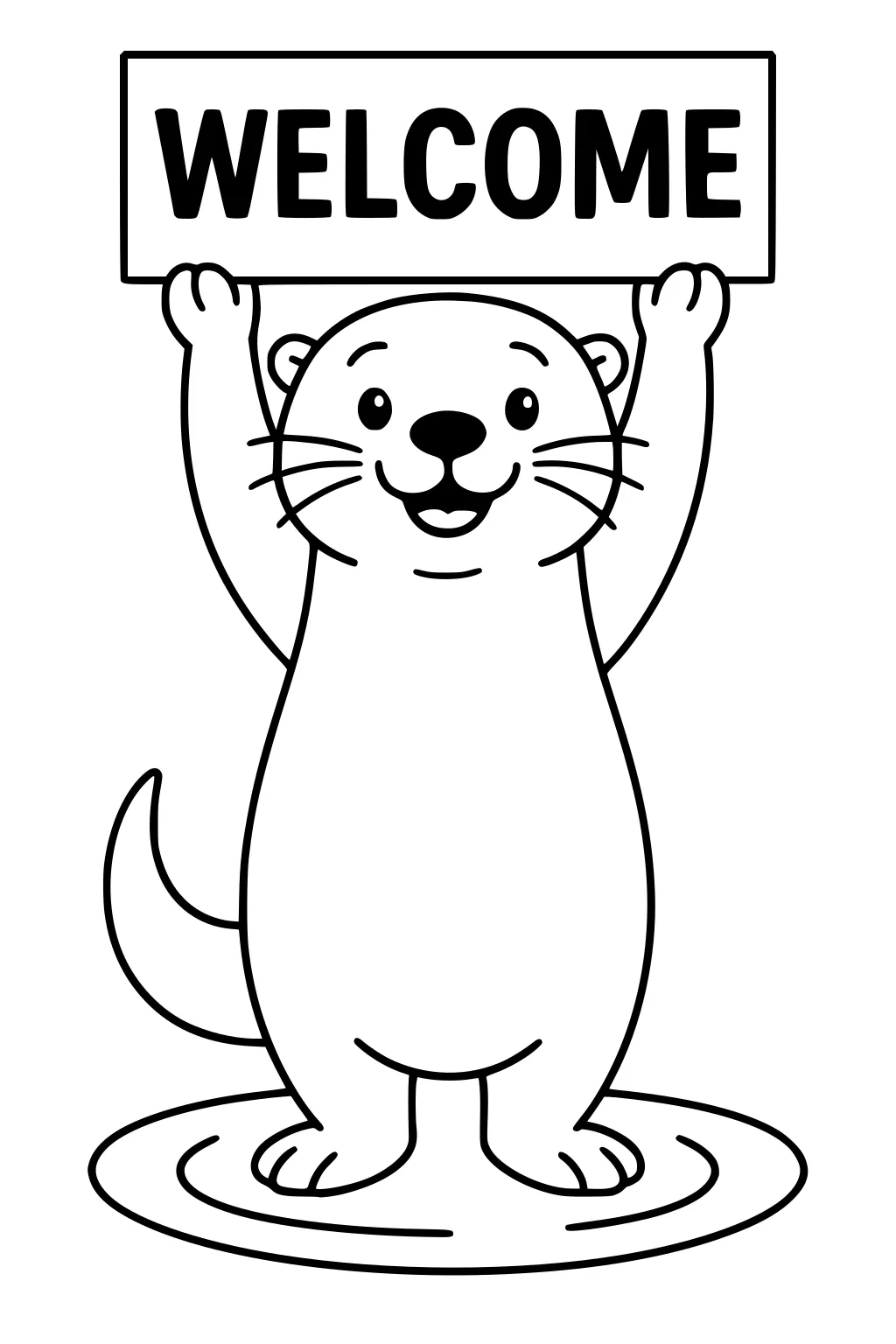 Cartoon otter standing in a puddle holding a sign that says WELCOME above its head.