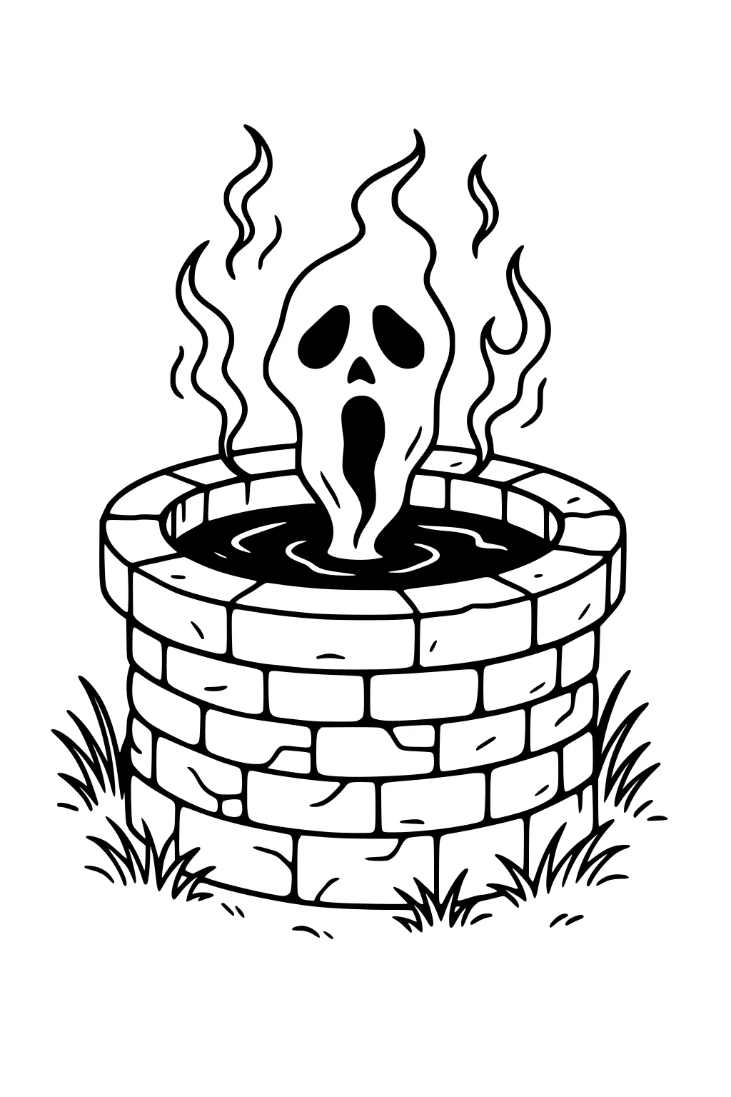 Ghostly face rises like mist from a stone well, with swirling vapor, dark water inside, and grass tufts around the base.