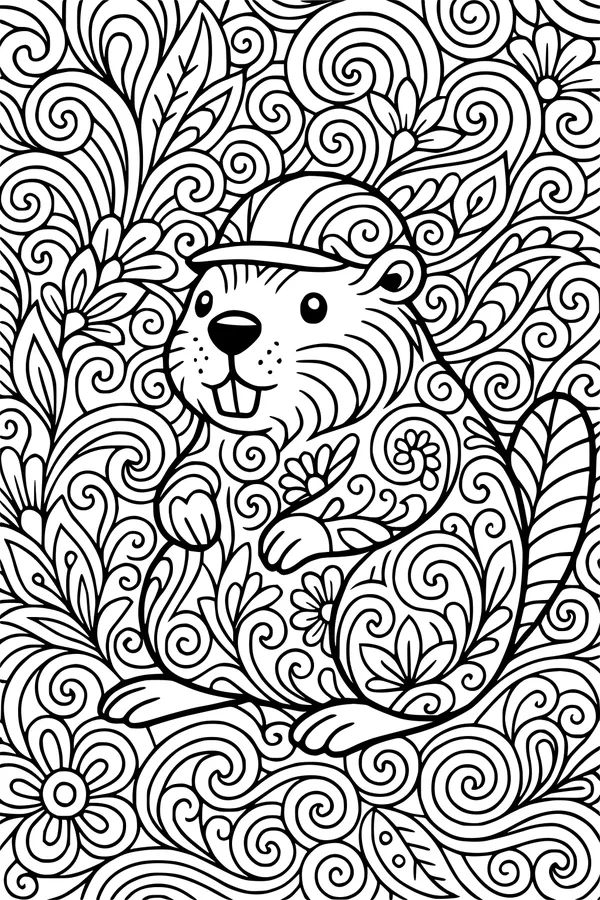 Free Beaver Coloring Page - Smiling Beaver in Swirly Flower Garden (Printable PDF)