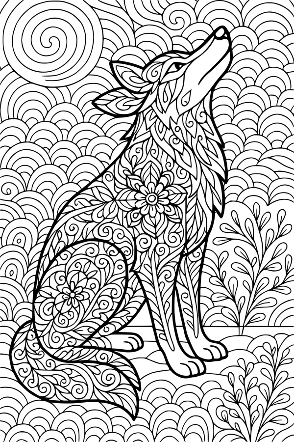 Free Coyote Coloring Page - Stylized Floral Coyote in Nature (Printable PDF)