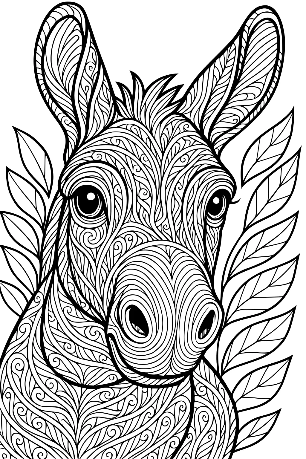 Donkey face with swirly patterned fur and big ears, surrounded by leafy branches.