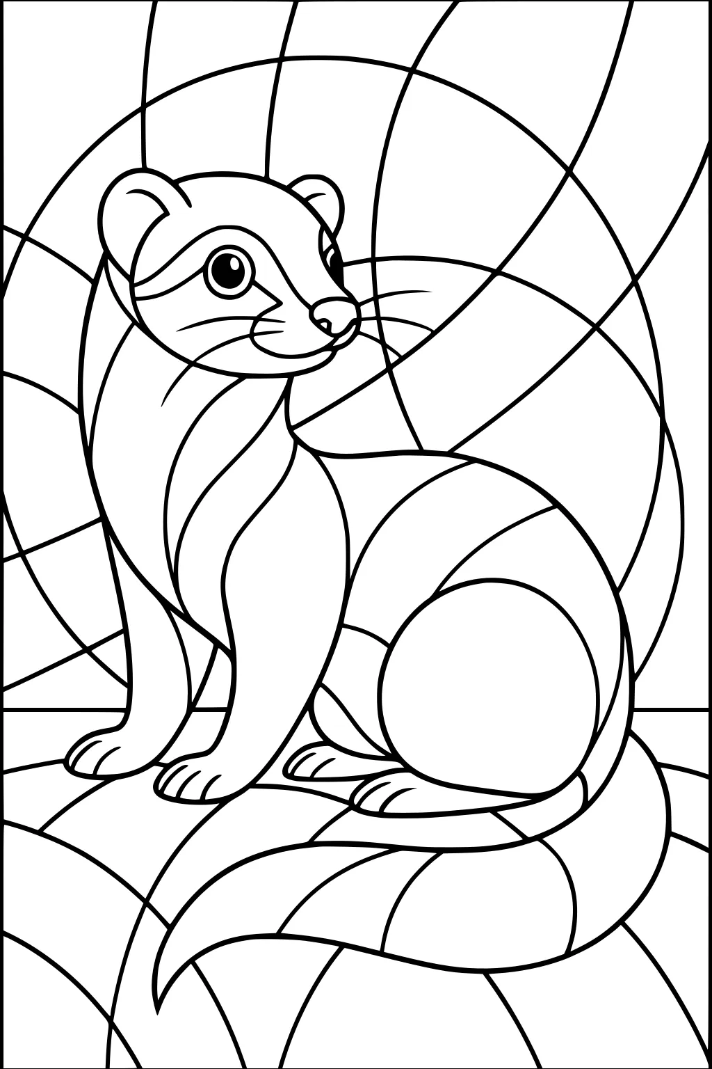 Ferret sitting with a curled tail in front of a background filled with curved, intersecting lines.