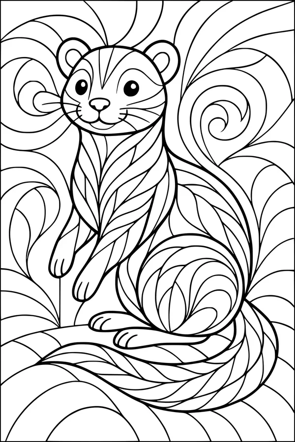Free Ferret Coloring Page - Swirly Cartoon Ferret in Forest Leaves (Printable PDF)