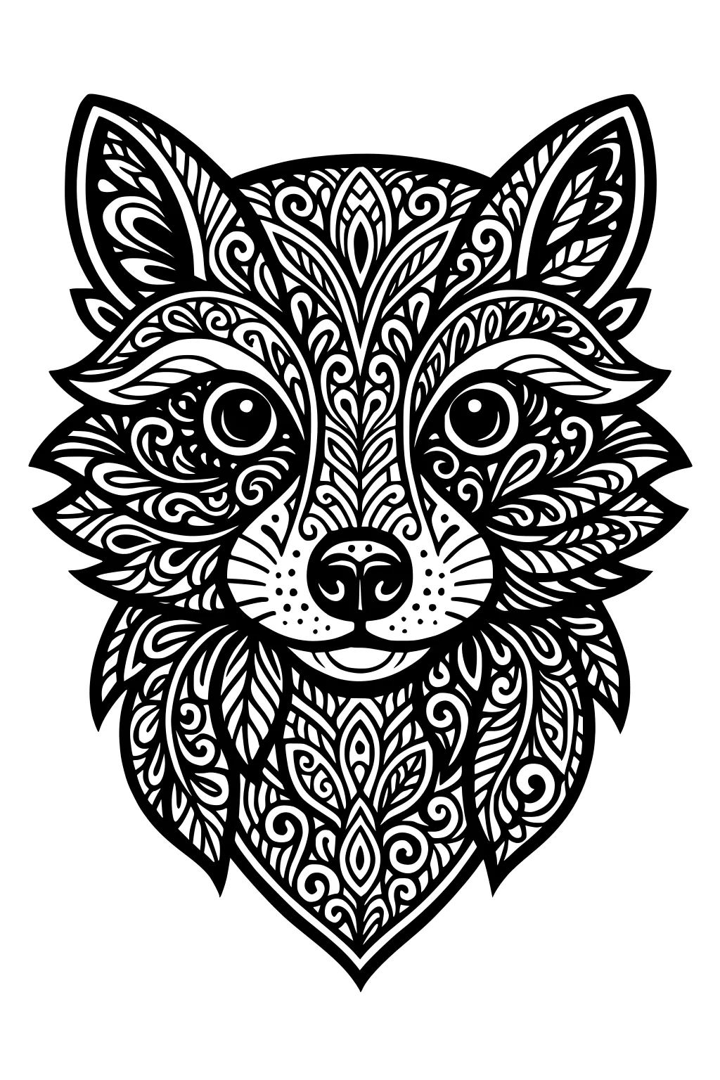 Raccoon face with wide eyes and swirling, leafy patterns covering fur and ears in detailed black outlines.