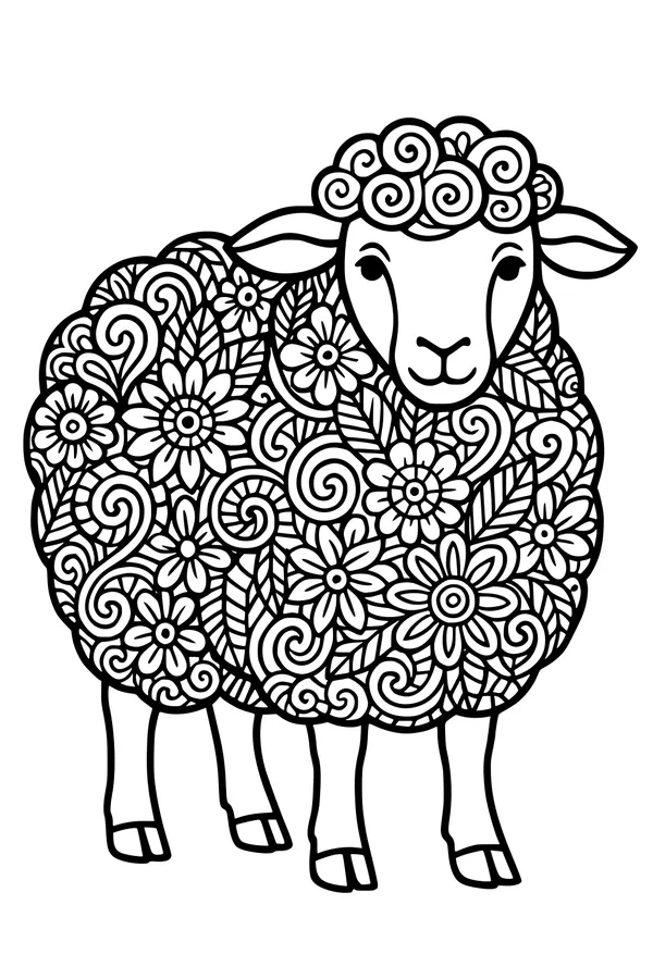 Free Sheep Coloring Page - Flowery Patterned Fleece Design (Printable PDF)