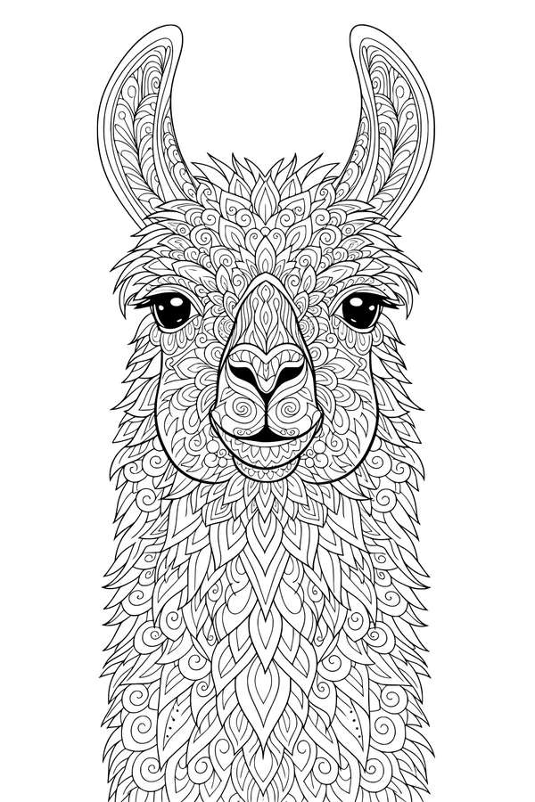 Free Llama Coloring Page - Swirly Patterned Llama Face (Printable PDF)