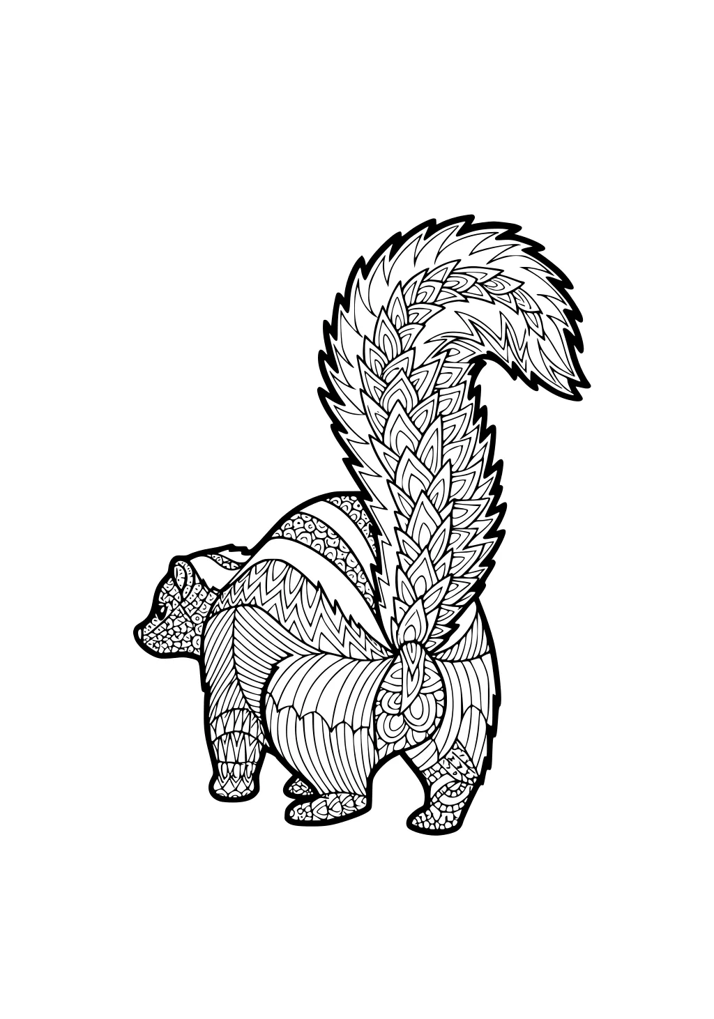 Skunk with large patterned tail and body, decorated with swirls and leaf-shaped lines.