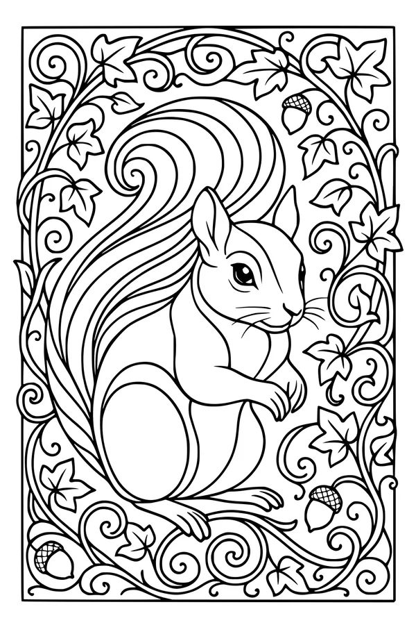 Free Squirrel Coloring Page - Swirly-Tailed Forest Scene (Printable PDF)