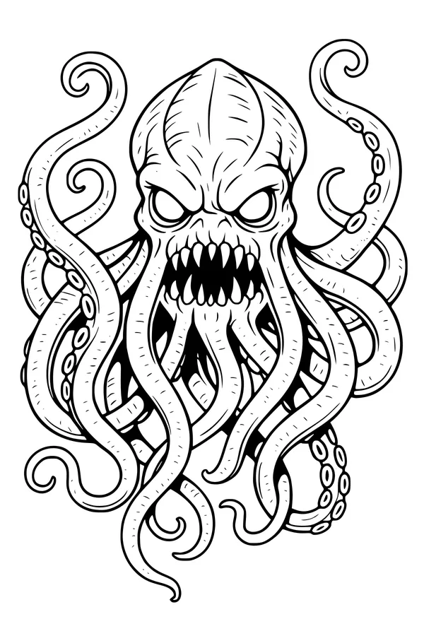 Free Kraken Coloring Page - Mythical Sea Monster With Curling Tentacles (Printable PDF)
