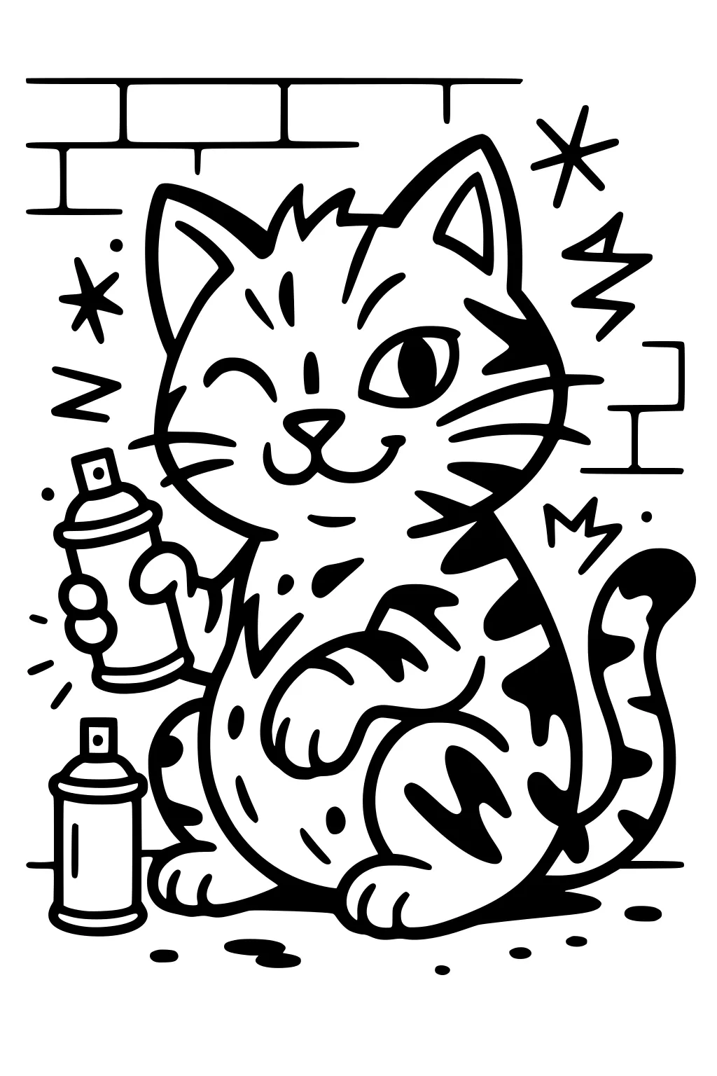 Tabby cat in front of a brick wall, winking and holding two spray paint cans, with playful doodles around its head.