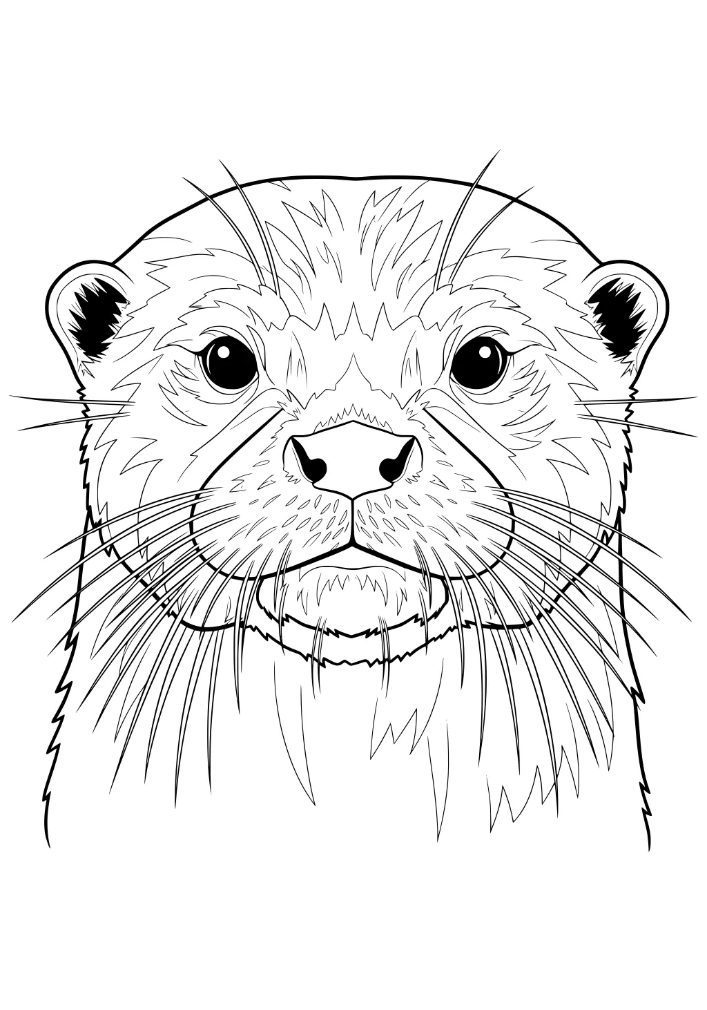 Line art of an otter's face with textured fur, wide eyes, and long whiskers, seen from the front.