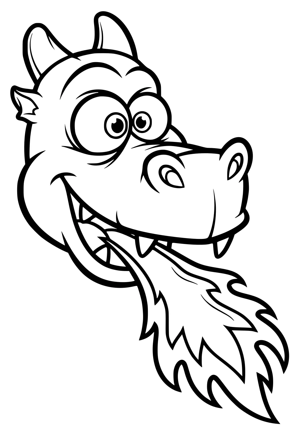 Cartoon dragon head with big eyes, small horns, wide snout, and a wavy flame from its mouth, outlined for coloring.