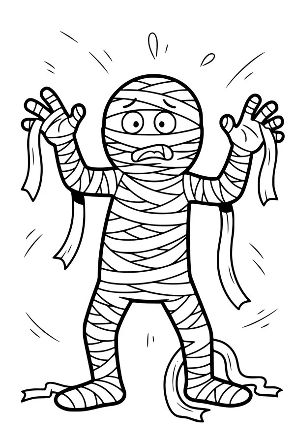 Free Mummy Coloring Page - Surprised Cartoon Boy in Loose Bandages (Printable PDF)