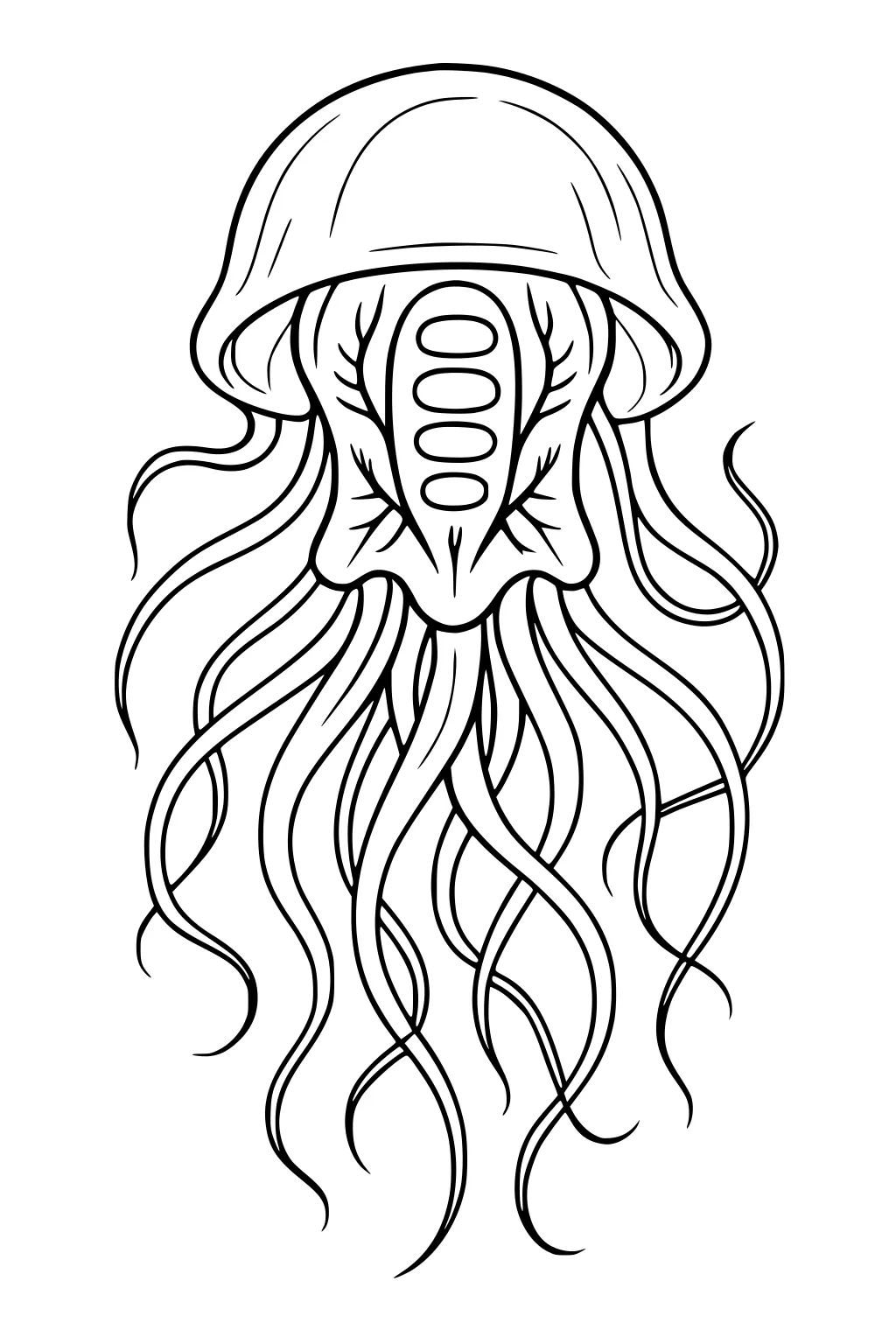 Alien jellyfish line art with domed head, stacked oval plates, and many long wavy tentacles on a plain background.