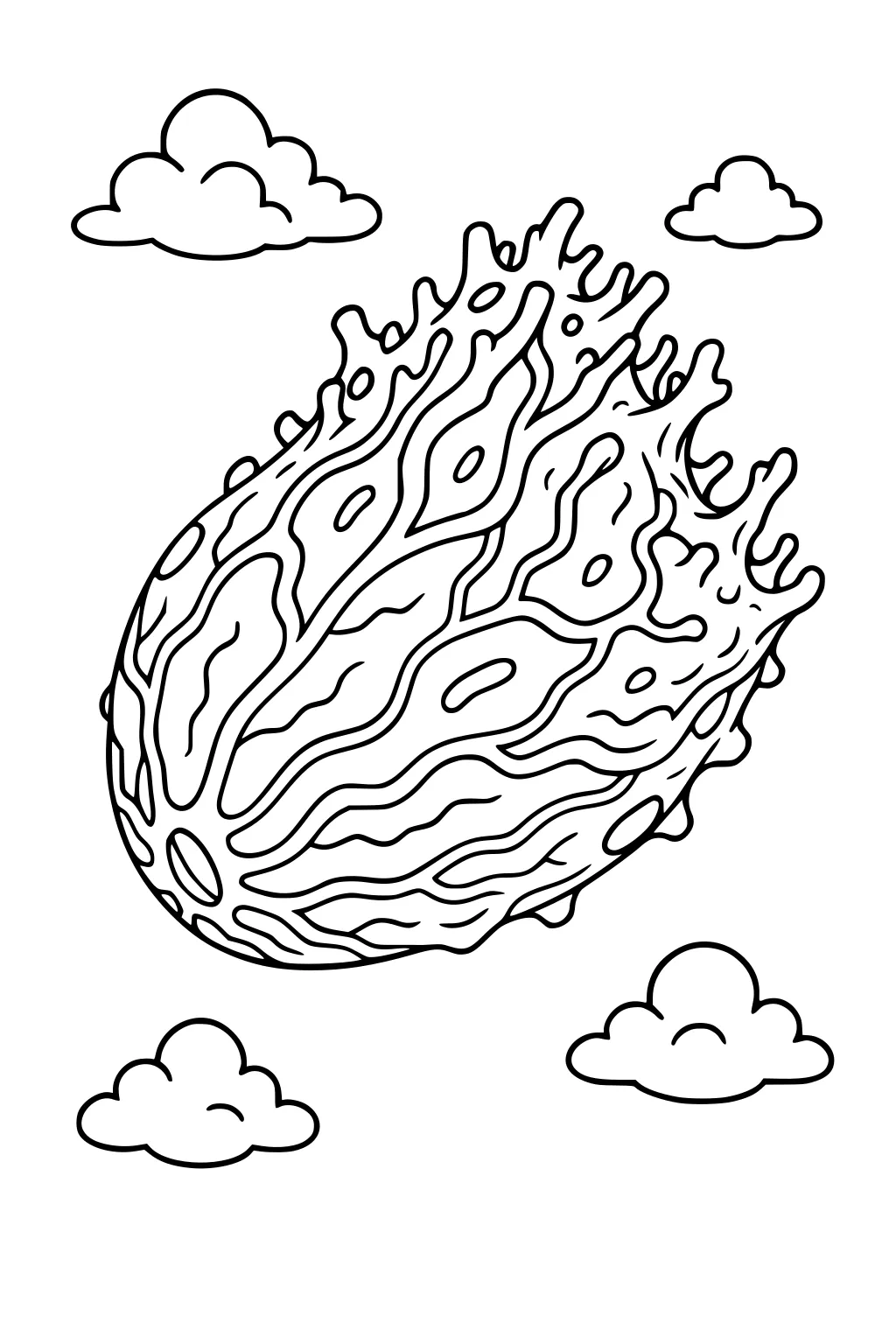 Organic wavy UFO with rippling lines flies among four fluffy clouds in simple black line art.