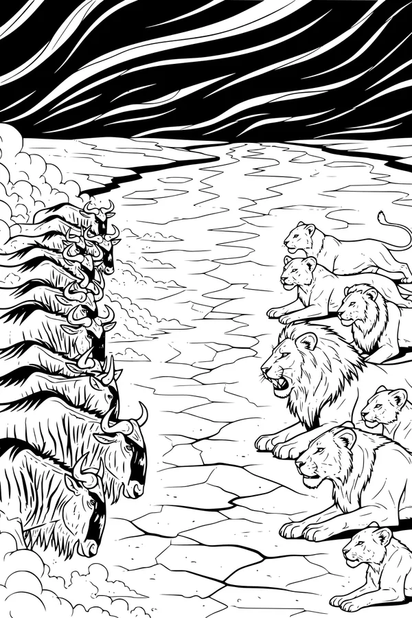 Free Wildebeest Coloring Page - Herd Facing Resting Lions (Printable PDF)
