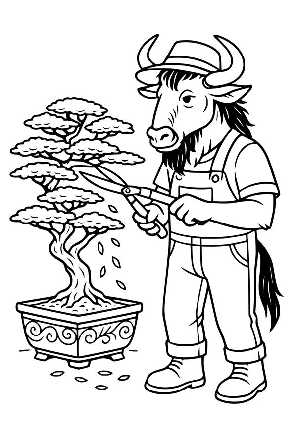 Free Wildebeest Coloring Page - Trimming a Tiny Bonsai Tree (Printable PDF)