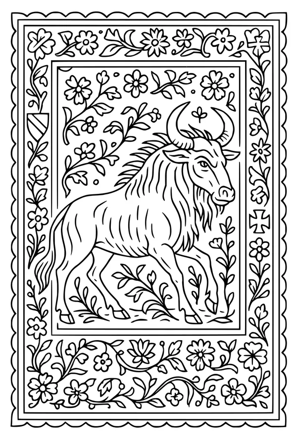 Free Wildebeest Coloring Page - Floral Framed Wildebeest (Printable PDF)