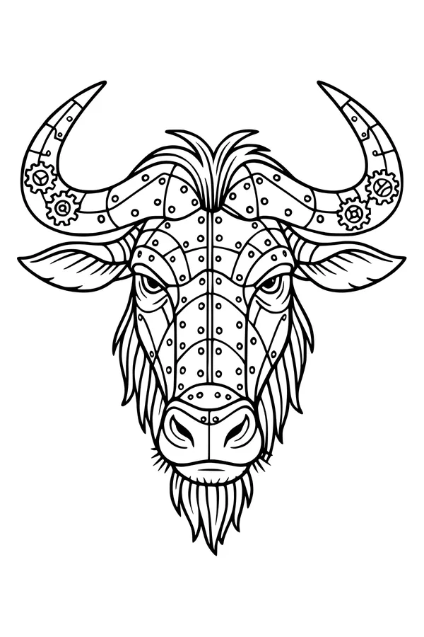 Free Wildebeest Coloring Page - Steampunk Horns Front View (Printable PDF)