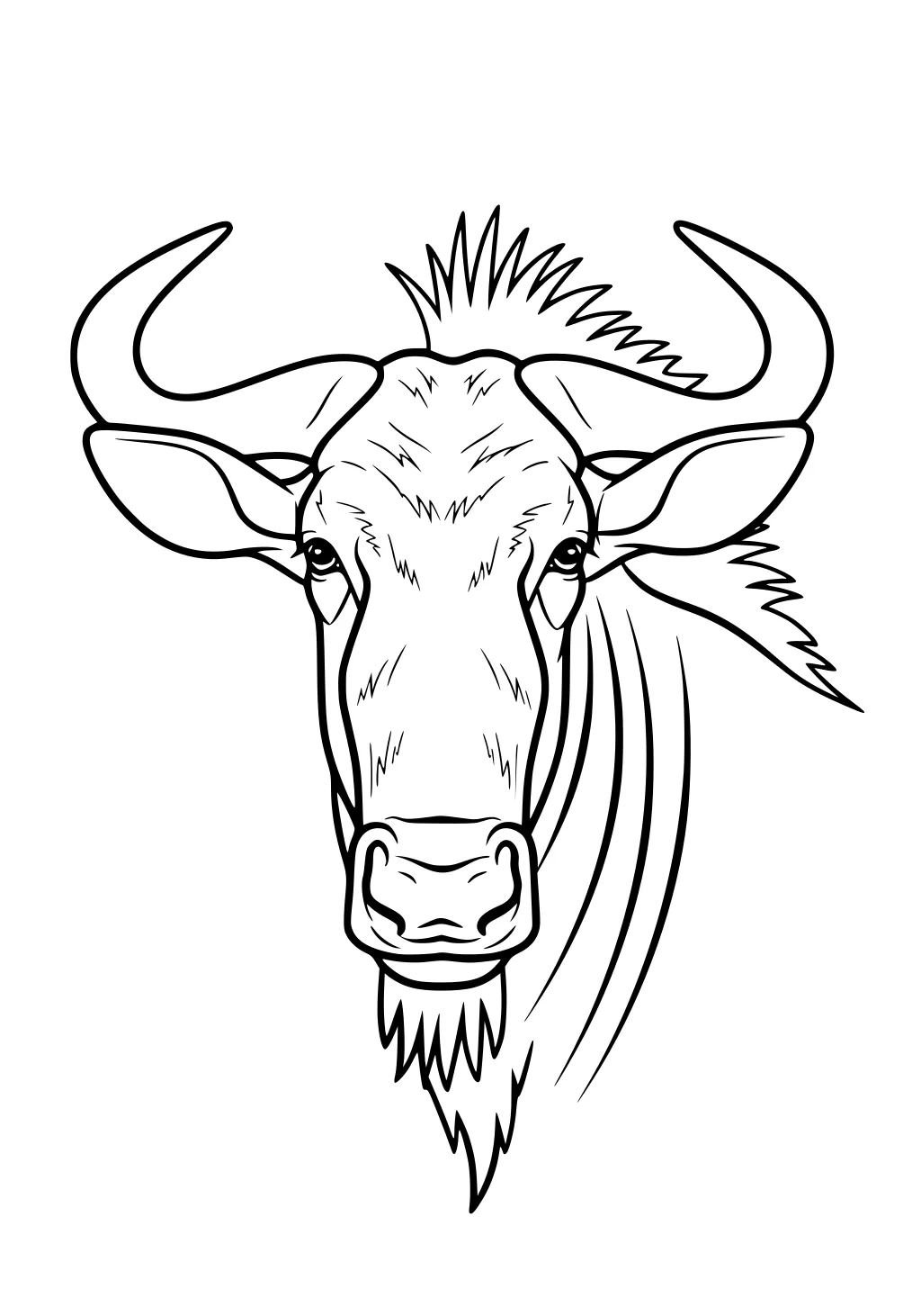 Front-view wildebeest head with curved horns, shaggy mane, long face, and beard, outlined for coloring on a blank background.