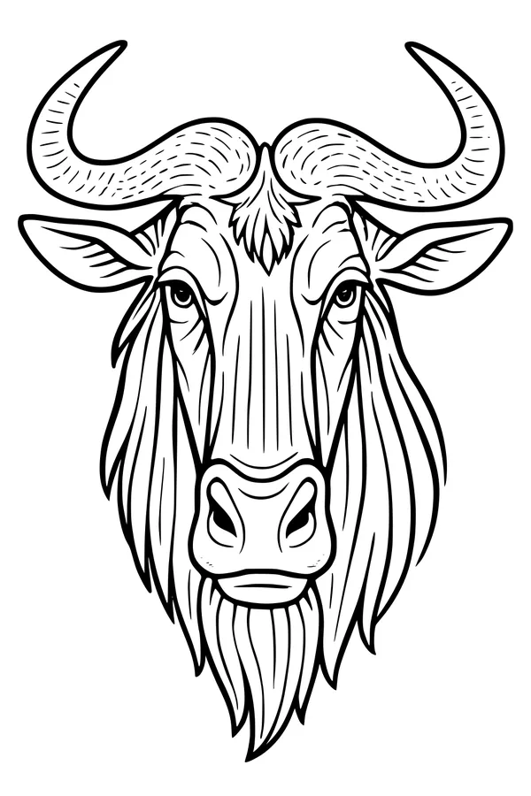 Free Wildebeest Coloring Page - Front View African Wildlife Head (Printable PDF)