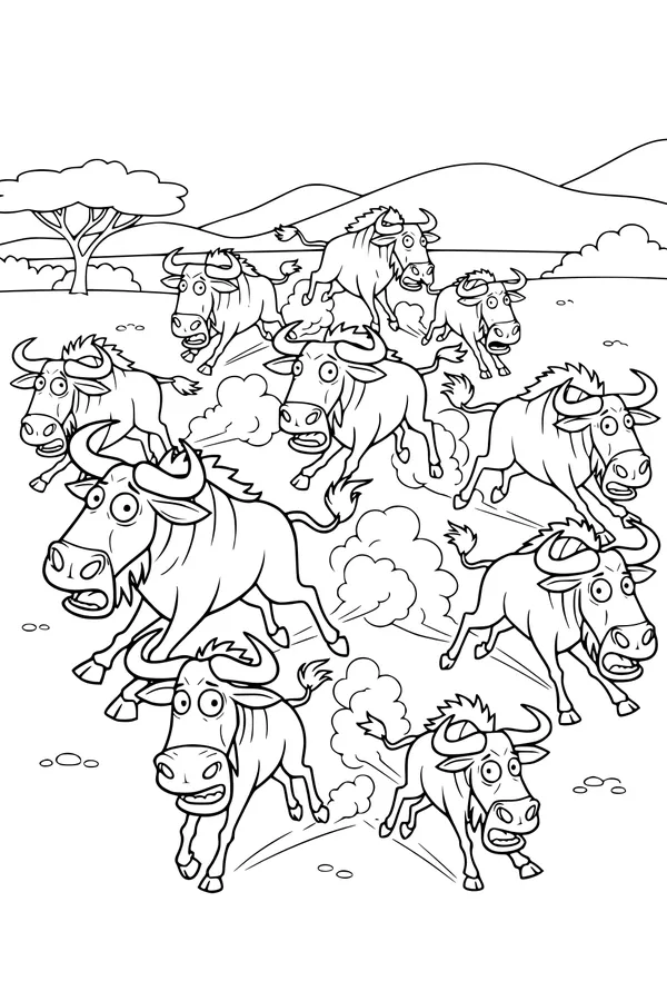 Free Wildebeest Coloring Page - Cartoon Herd Stampede in African Savanna (Printable PDF)