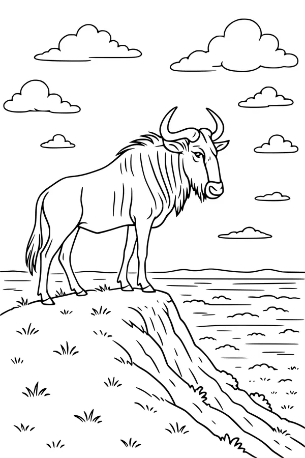 Free Wildebeest Coloring Page - Windy Savanna Hilltop View (Printable PDF)