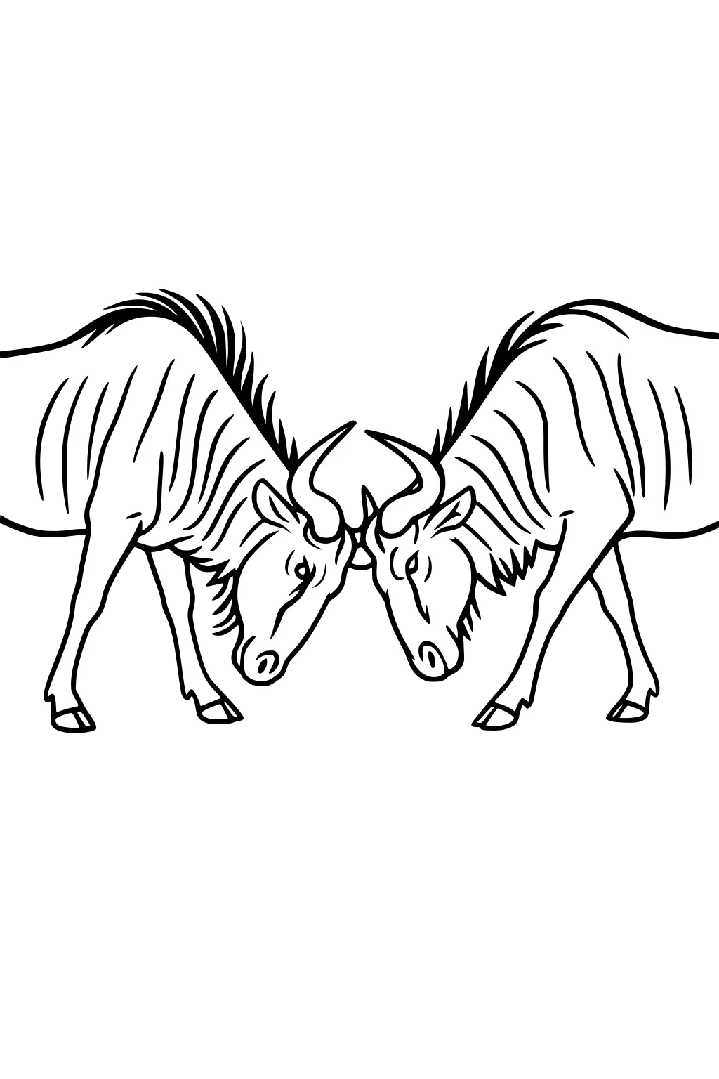 Two wildebeests face each other with heads down and horns touching, shaggy manes and side stripes, simple outline with no background.