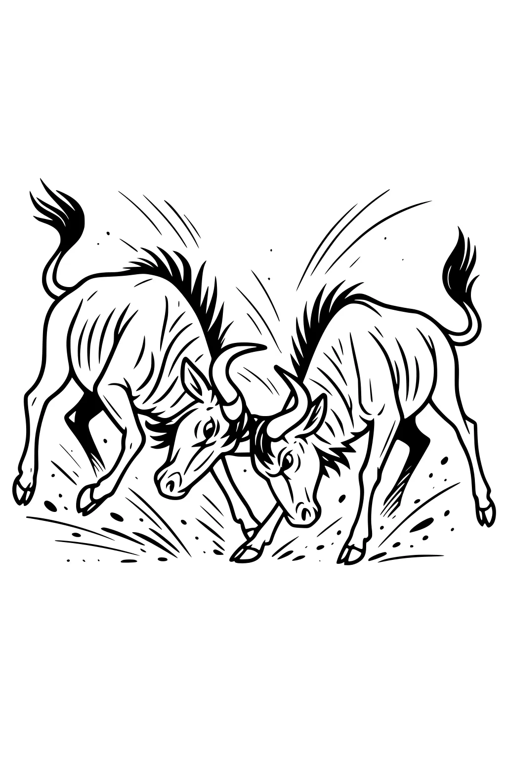 Two wildebeest lock horns, hooves braced and tails flicking, with dust and motion lines around them on a blank background.