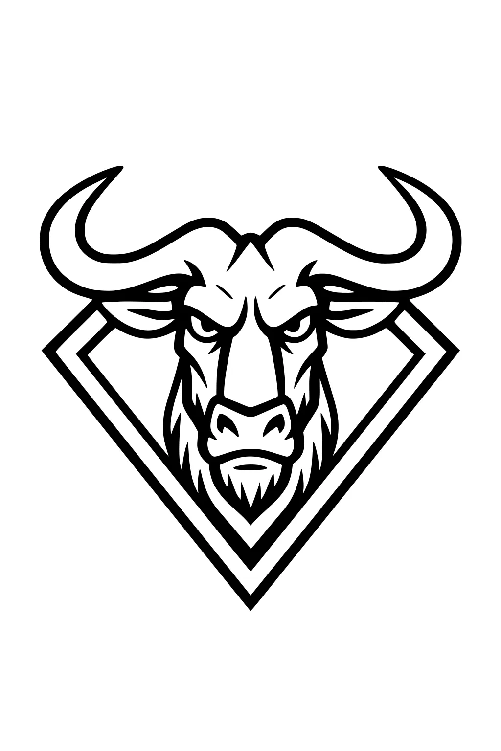 Stylized wildebeest head with large curved horns inside a diamond frame, front view, drawn with bold black outlines.