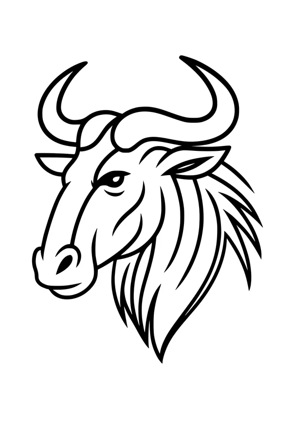 Free Wildebeest Coloring Page - Curved Horns Portrait (Printable PDF)