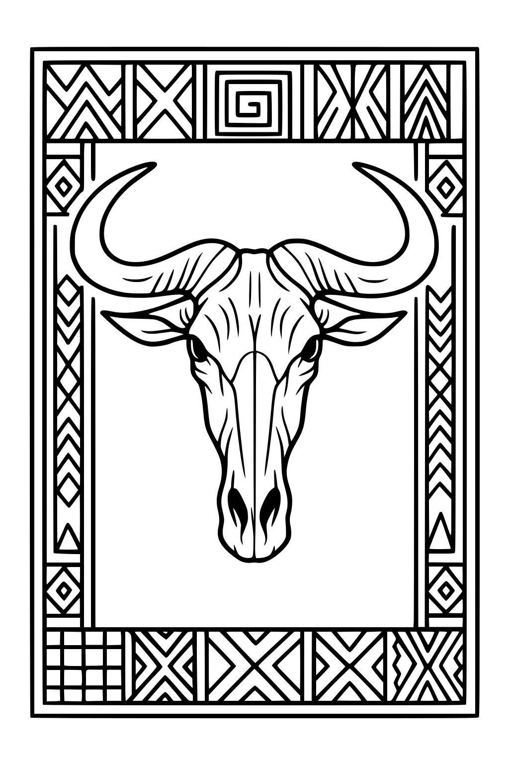 Wildebeest skull with curved horns inside a geometric border of diamonds, triangles, zigzags, and a spiral.