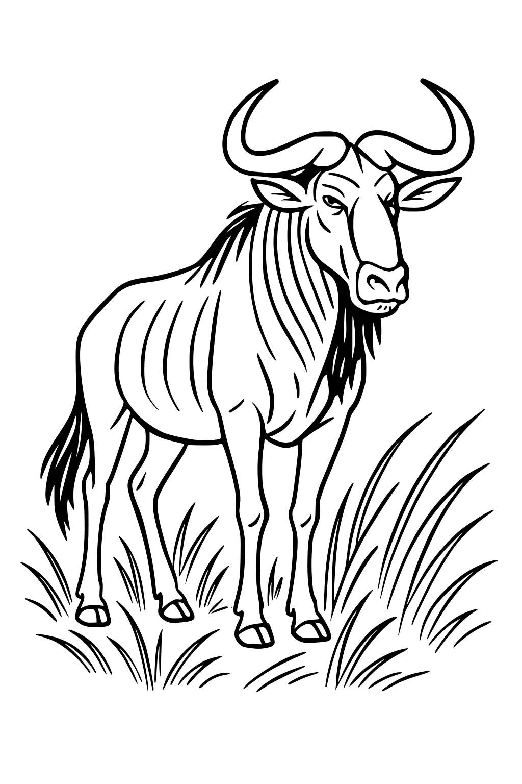 Line drawing of a wildebeest with curved horns standing in grass, shaggy mane and beard, side view with bold outlines.