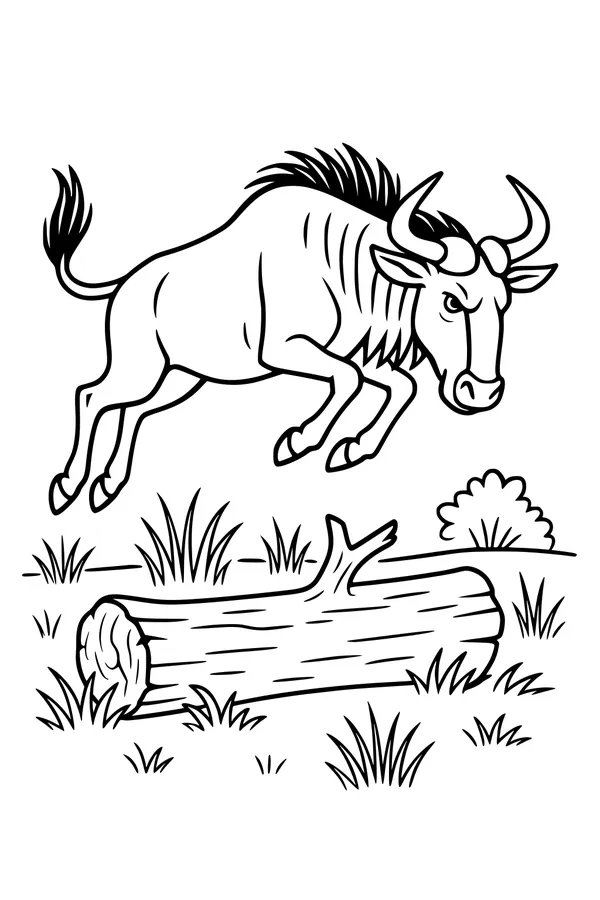 Free Wildebeest Coloring Page - Jumping Over a Fallen Log (Printable PDF)