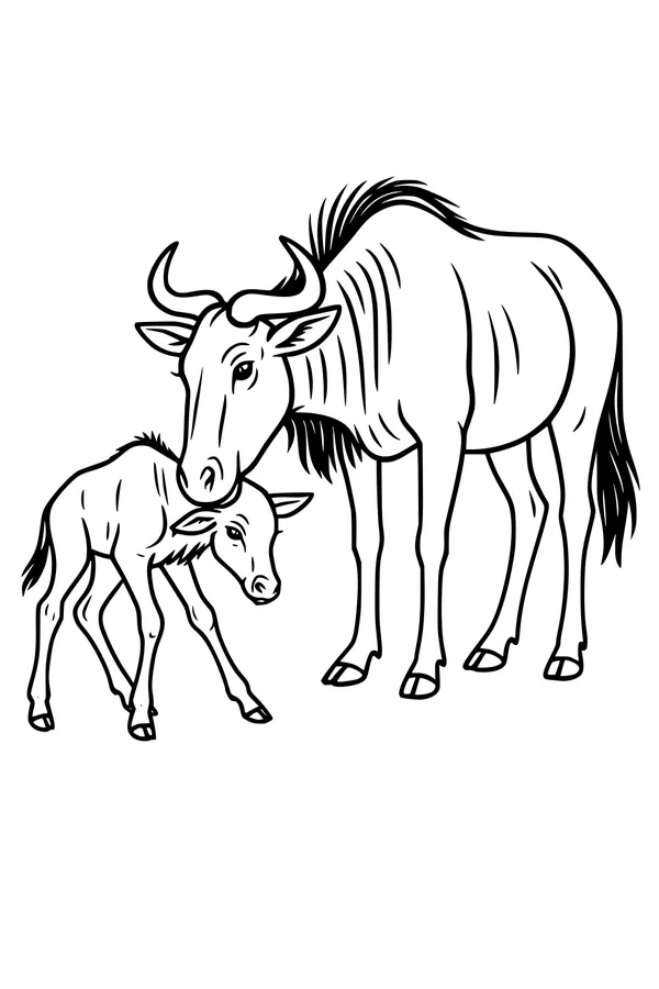 Free Wildebeest Coloring Page - Mama Nuzzling Her Wobbly Calf (Printable PDF)